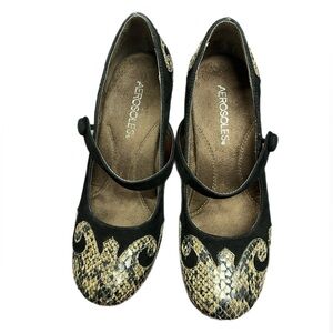 NWOB AEROSOLES Mary Jane Black Suede & Faux Snakeskin Pumps - Women’s Size US 7M